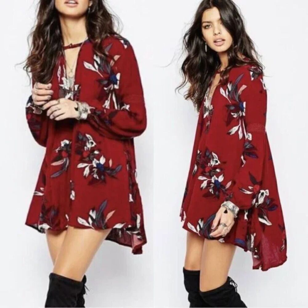 Free People Electric Orchid Print Swing Tunic Dress Womens S Burgundy Boho